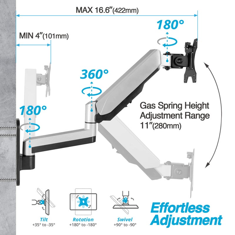 AVLT Single Extended 13"-32" Wall Mount - Curved/ Flat Monitor, Full Motion Height Swivel Tilt Rotation Adjustable Arm - VESA/Cable Management - Image 3